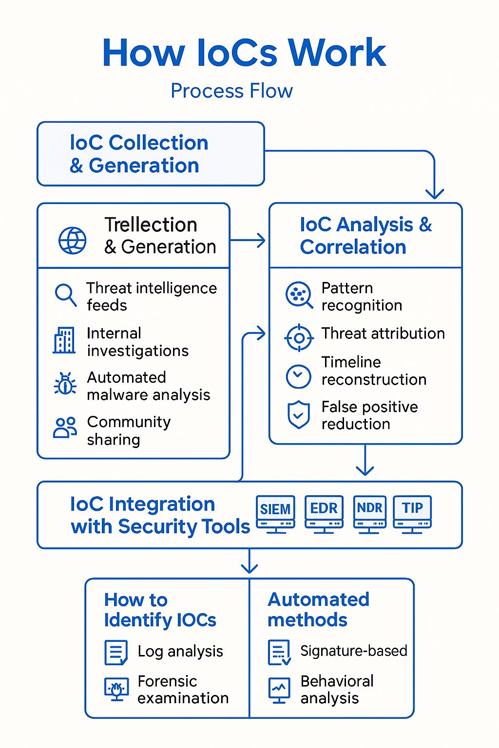 How IoCs Work – Process Flow Infographic A flowchart infographic showing the lifecycle of Indicators of Compromise (IoCs) in four stages: "IoC Collection & Generation," "IoC Analysis & Correlation," "IoC Integration with Security Tools," and "How to Identify IoCs." Each stage includes icons and short descriptions: for example, threat intelligence feeds, pattern recognition, SIEM/EDR/NDR tools, and analysis methods like log review and behavioral analysis.