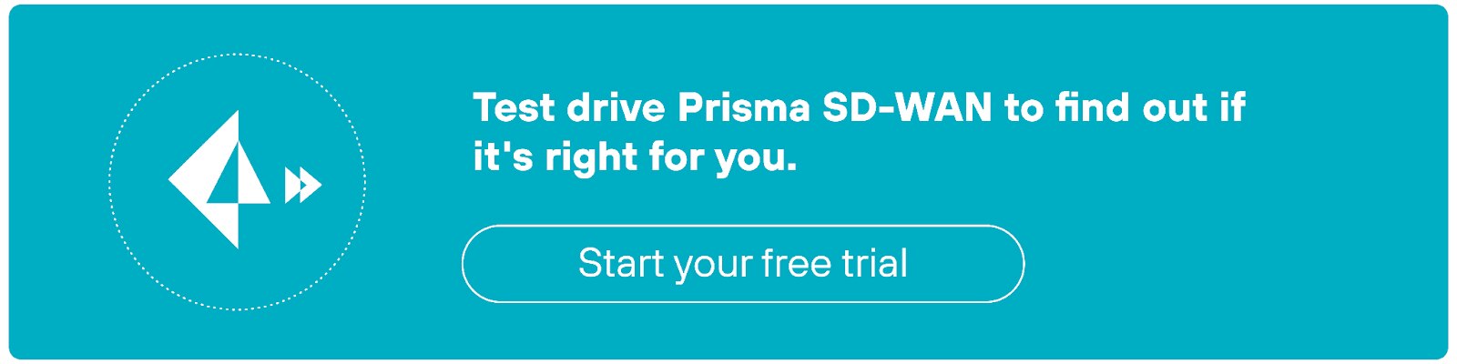 The CTA button is rectangular with a teal background. On the left side, there is a white icon featuring a stylized paper airplane within a dotted circle. The text to the right reads, 'Test drive Prisma SD-WAN to find out if it's right for you.'' Below this text is a white button with rounded edges containing the words, 'Start your free trial.'