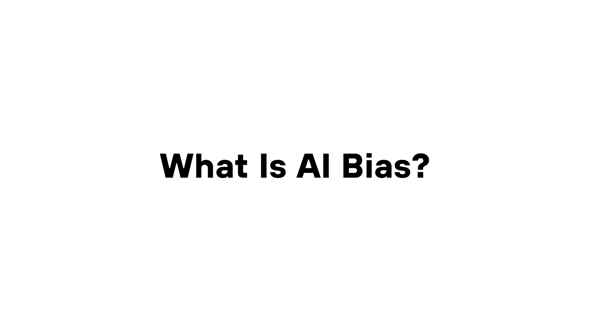 A minimalist presentation slide features a white background with faint, high-tech geometric patterns of lines, dots, and circuits in the corners. Large, bold black text in the center reads 'What is AI Bias?'.